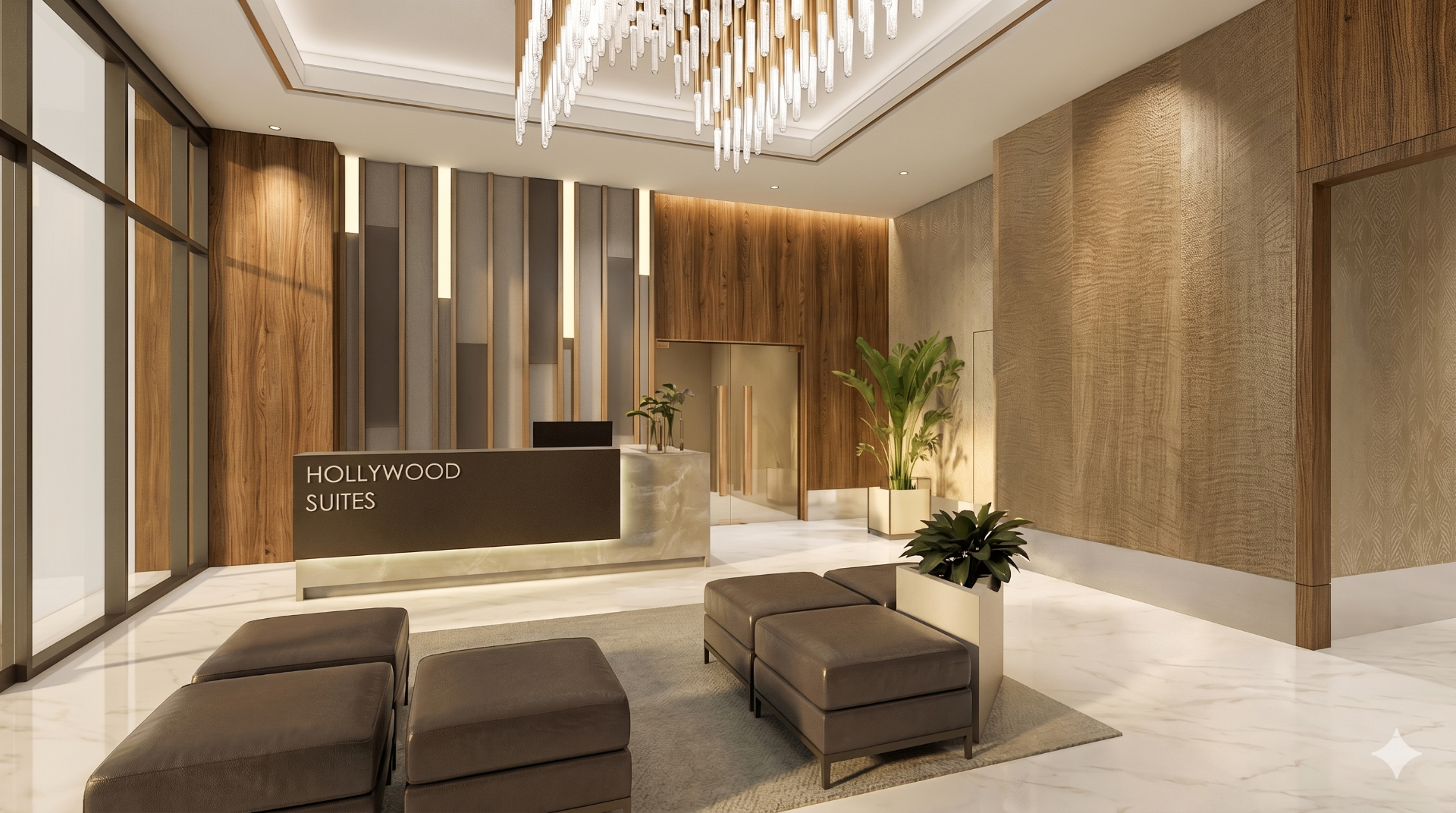 Elegant lobby interior of Hollywood Suites